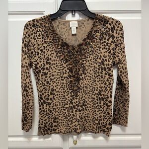 Chico’s Animal Print Sequin Detailed Tan Black Top Women’s Size Small Chico’s 0